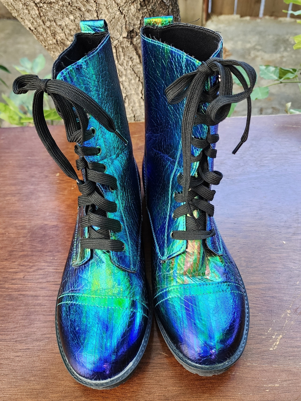 Vintage N.Y.L.A. Iridescent Metallic Oil Slick Combat Boots Blue Green [8] - Picture 2 of 10